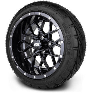 MODZ® 14" Vortex Glossy Black Wheels & Street Tires Combo (MODZ Guardian 205/30-14)