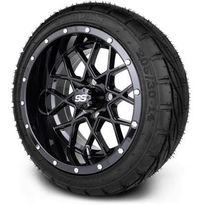MODZ® 14" Vortex Glossy Black Wheels & Street Tires Combo (Odyssey Tesseract Steel Belted Radial 215/50-14)