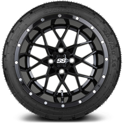 MODZ® 14" Vortex Glossy Black Wheels & Street Tires Combo (Odyssey Tesseract Steel Belted Radial 215/50-14)