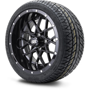MODZ® 14" Vortex Glossy Black Wheels & Street Tires Combo (Odyssey Tesseract Steel Belted Radial 215/35-14)