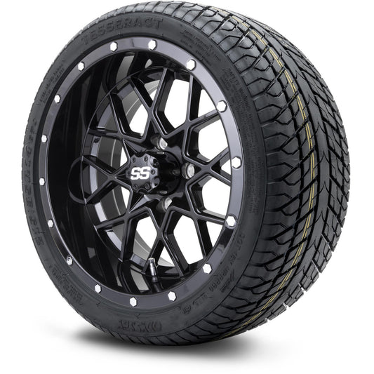 MODZ® 14" Vortex Glossy Black Wheels & Street Tires Combo (Odyssey Tesseract Steel Belted Radial 215/35-14)