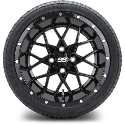 MODZ® 14" Vortex Glossy Black Wheels & Street Tires Combo (Odyssey Tesseract Steel Belted Radial 215/50-14)