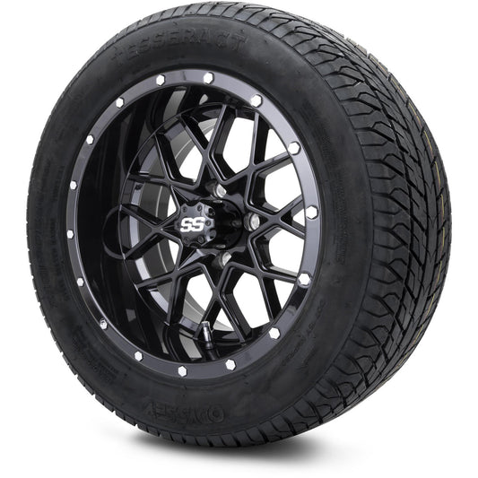MODZ® 14" Vortex Glossy Black Wheels & Street Tires Combo (Odyssey Tesseract Steel Belted Radial 215/50-14)
