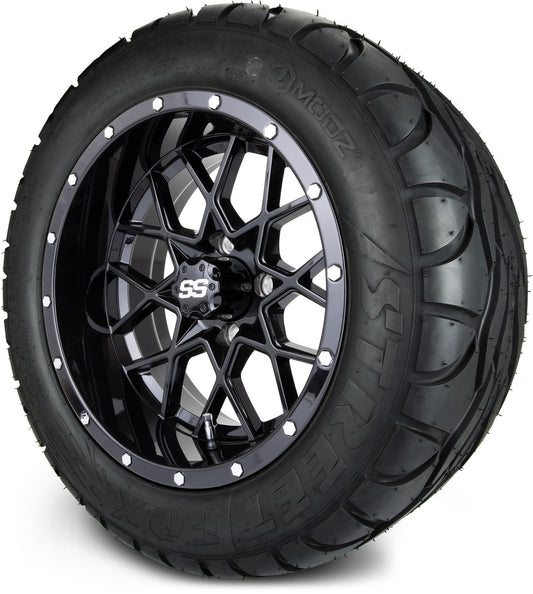 MODZ® 14" Vortex Glossy Black Wheels & Street Tires Combo (MODZ Street Fox Radial 23x10-14)