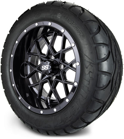 MODZ® 14" Vortex Glossy Black Wheels & Street Tires Combo (MODZ Street Fox Radial 205/40-14)