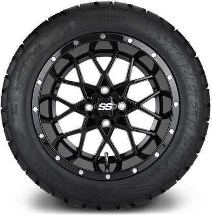 MODZ® 14" Vortex Glossy Black Wheels & Street Tires Combo (MODZ Street Fox Radial 23x10-14)