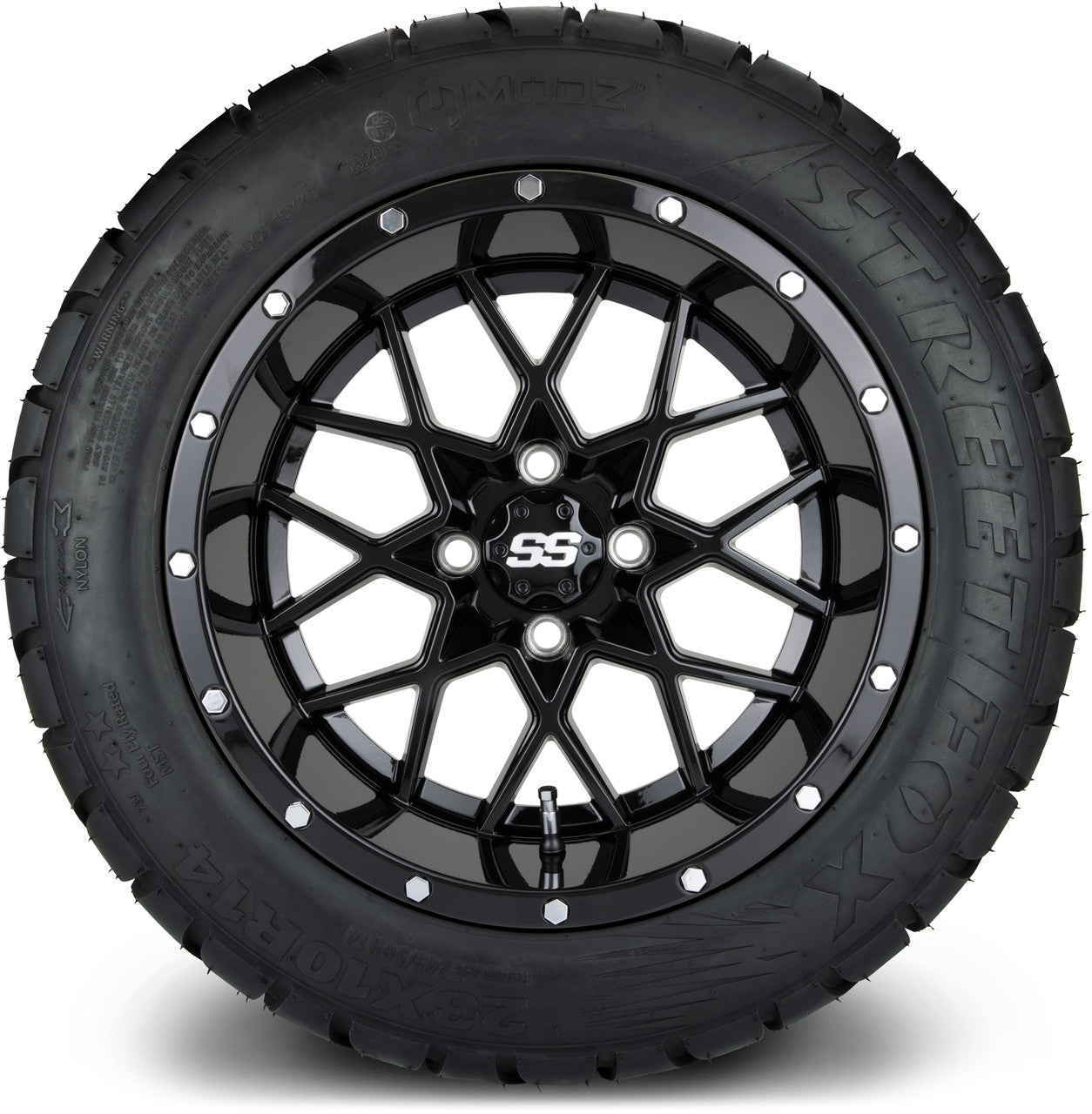 MODZ® 14" Vortex Glossy Black Wheels & Street Tires Combo (Arisun Cruze 205/30-14)