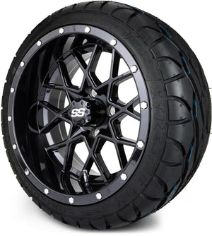 MODZ® 14" Vortex Glossy Black Wheels & Street Tires Combo (MODZ Street Fox Radial 205/40-14)