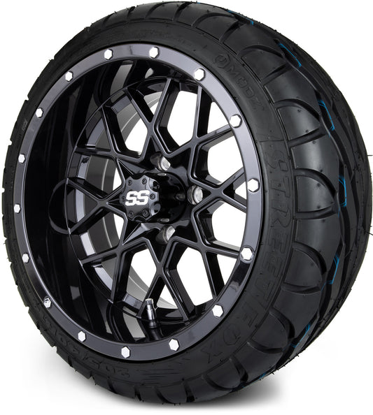 MODZ® 14" Vortex Glossy Black Wheels & Street Tires Combo (MODZ Street Fox Radial 205/40-14)