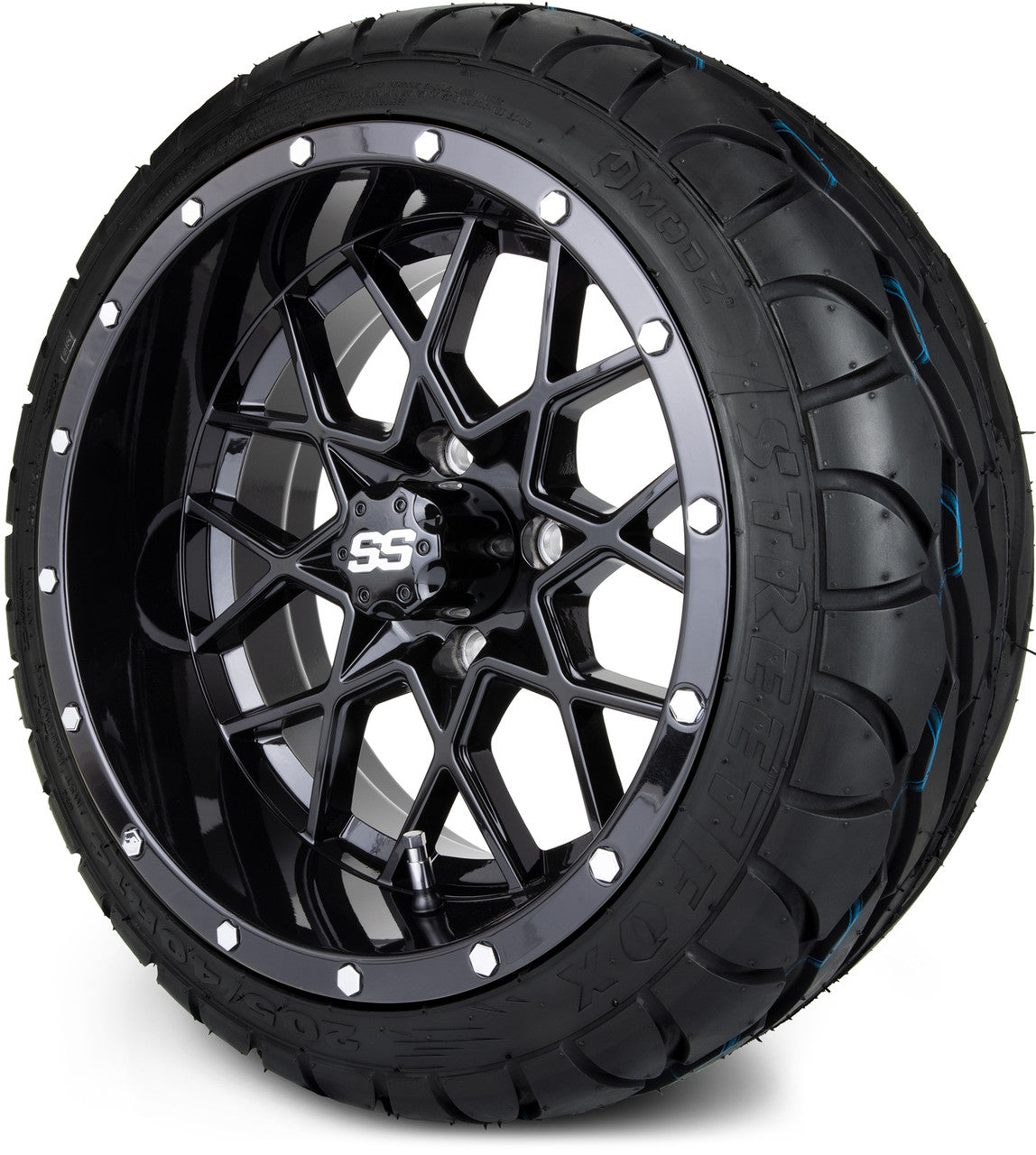 MODZ® 14" Vortex Glossy Black Wheels & Street Tires Combo (Odyssey Tesseract Steel Belted Radial 215/50-14)