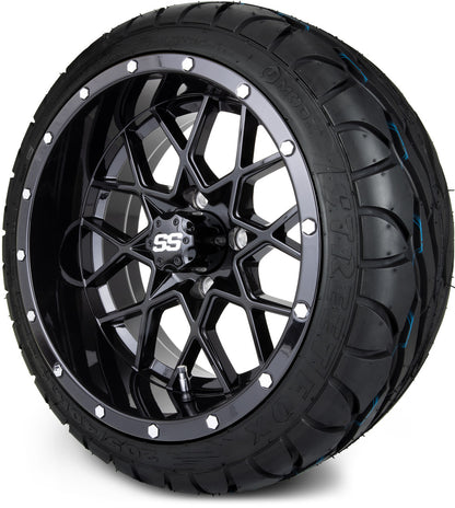 MODZ® 14" Vortex Glossy Black Wheels & Street Tires Combo (Odyssey Tesseract Steel Belted Radial 215/35-14)
