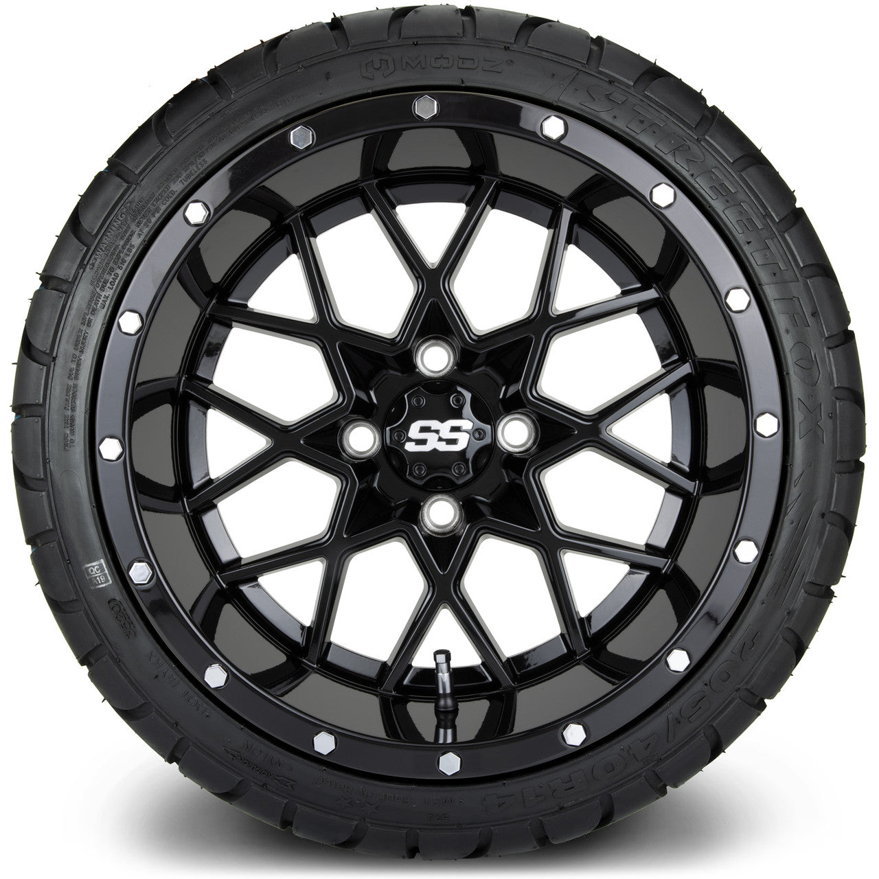 MODZ® 14" Vortex Glossy Black Wheels & Street Tires Combo (MODZ Street Fox Radial 23x10-14)