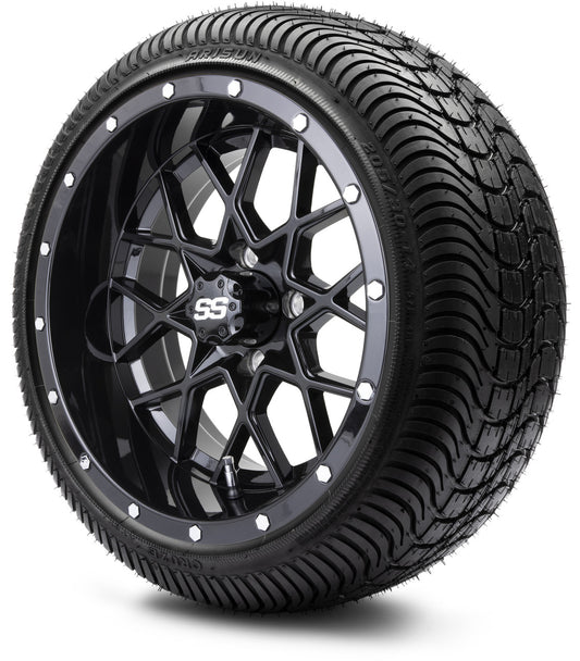 MODZ® 14" Vortex Glossy Black Wheels & Street Tires Combo (Arisun Cruze 205/30-14)