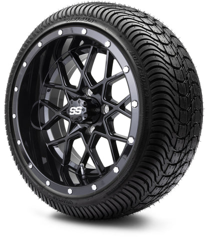 MODZ® 14" Vortex Glossy Black Wheels & Street Tires Combo (MODZ Street Fox Radial 205/40-14)