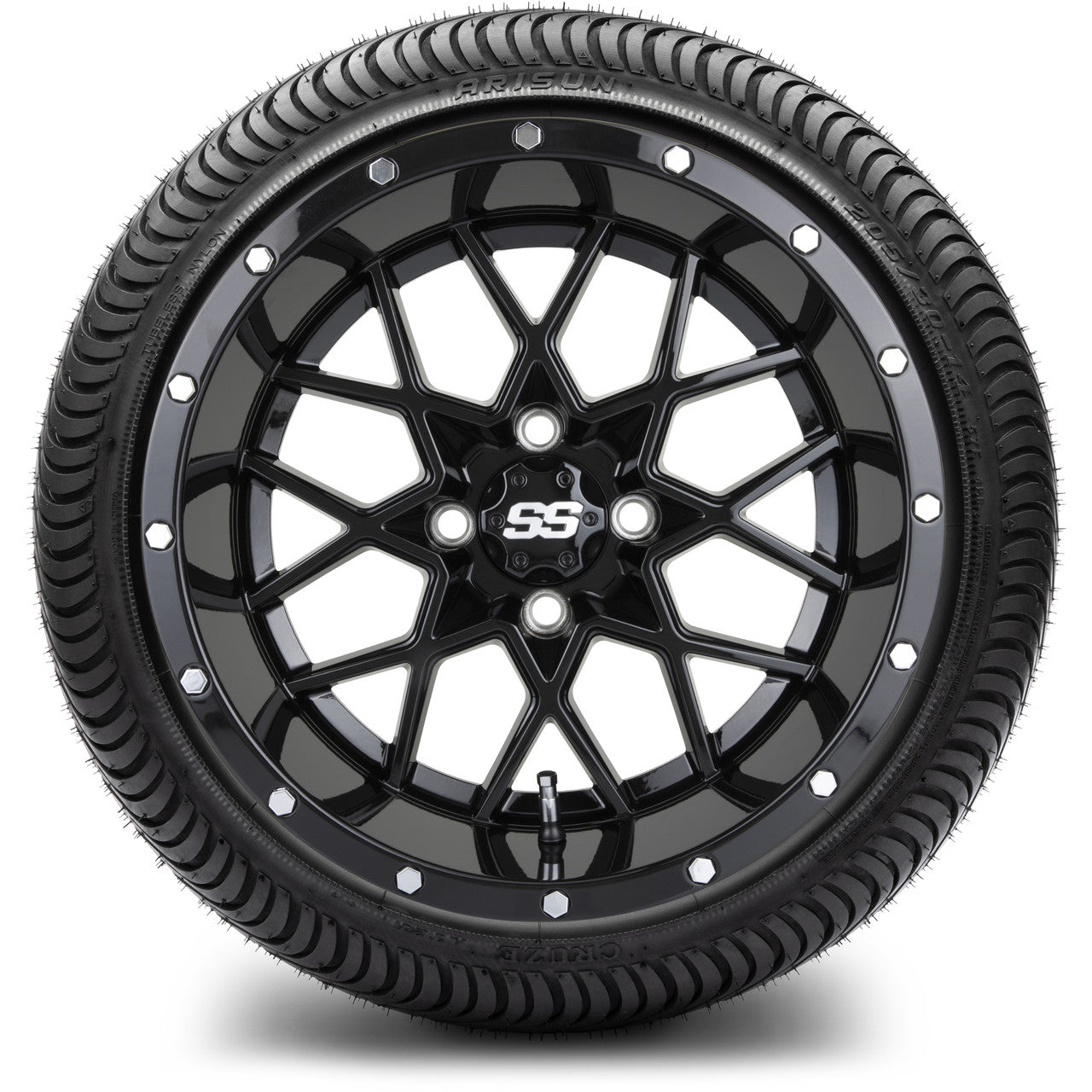 MODZ® 14" Vortex Glossy Black Wheels & Street Tires Combo (Arisun Cruze 205/30-14)