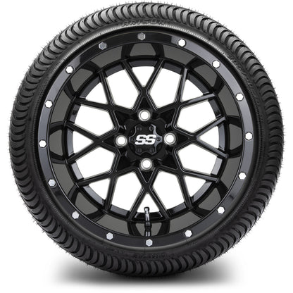 MODZ® 14" Vortex Glossy Black Wheels & Street Tires Combo (Arisun Cruze 205/30-14)
