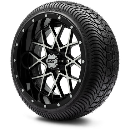 MODZ® 14" Vortex Machined Black Wheels & Street Tires Combo (Arisun Cruze 205/30-14)