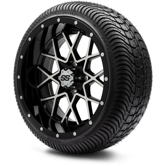 MODZ® 14" Vortex Machined Black Wheels & Street Tires Combo (Arisun Cruze 205/30-14)
