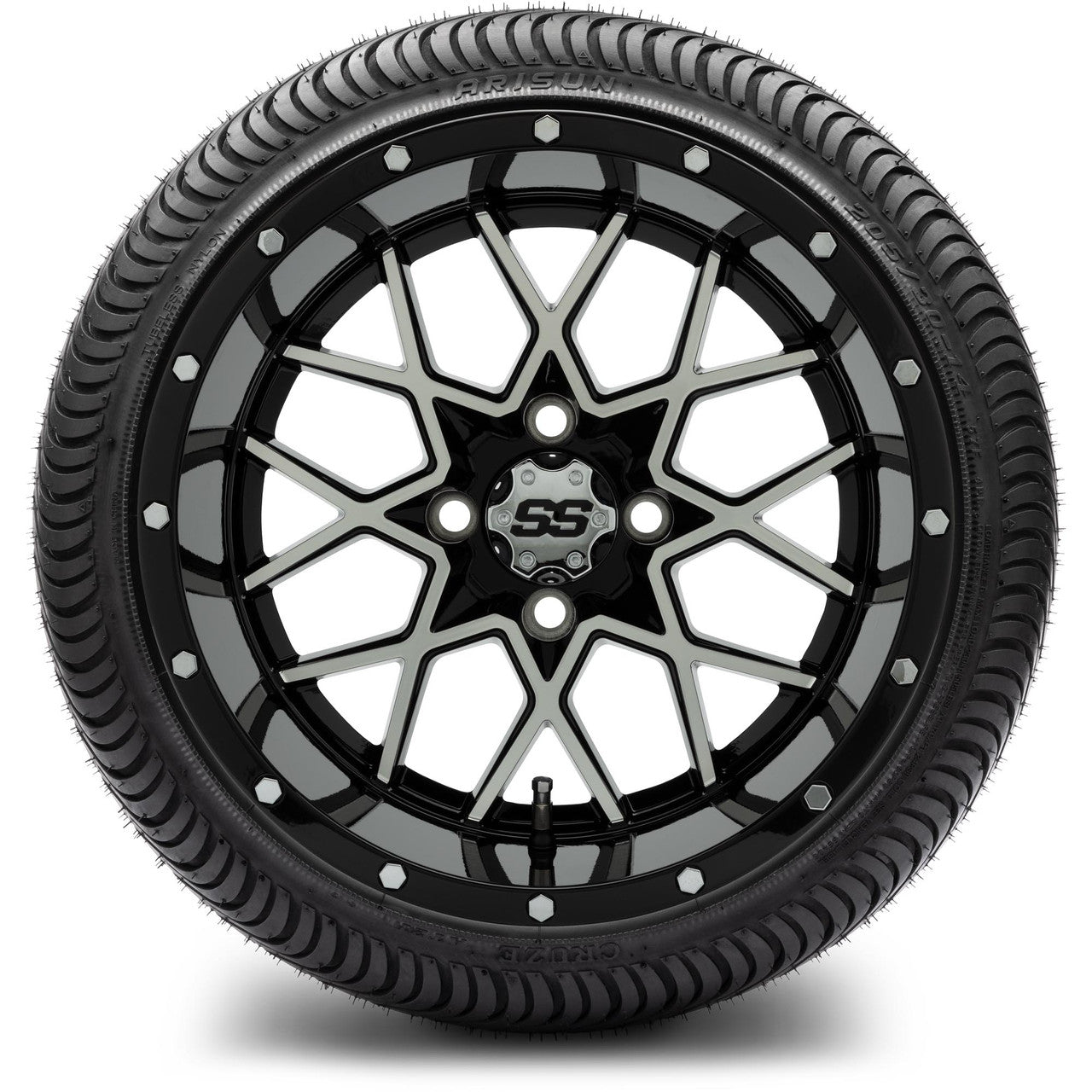 MODZ® 14" Vortex Machined Black Wheels & Street Tires Combo (Odyssey Tesseract Steel Belted Radial 215/50-14)