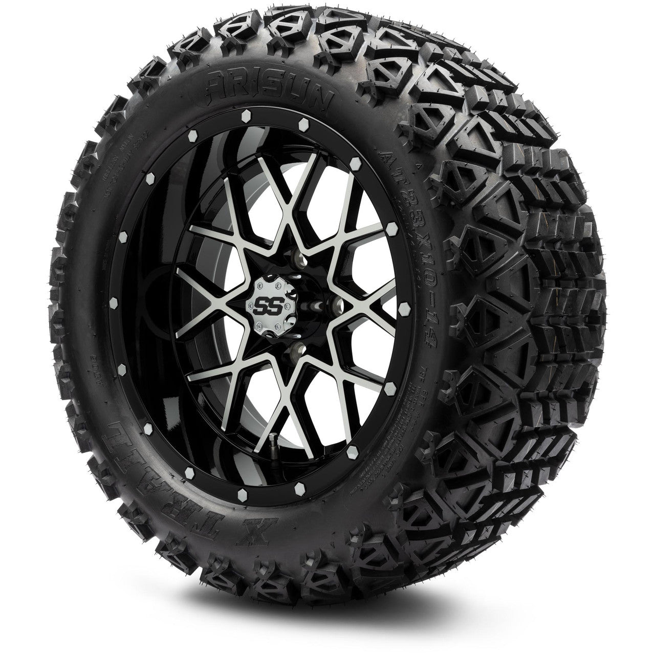 MODZ® 14" Vortex Machined Black Wheels & Off-Road Tires Combo (Arisun X-Trail All-Terrain 23x10-14)