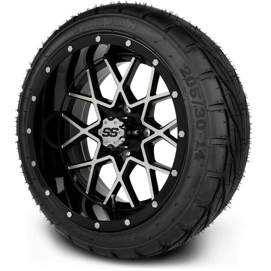 MODZ® 14" Vortex Machined Black Wheels & Street Tires Combo (MODZ Guardian 205/30-14)
