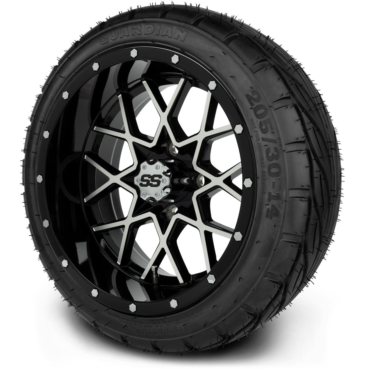 MODZ® 14" Vortex Machined Black Wheels & Street Tires Combo (Odyssey Tesseract Steel Belted Radial 215/35-14)