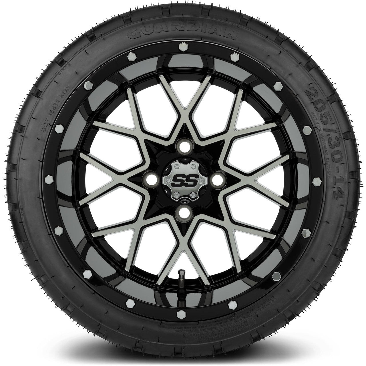 MODZ® 14" Vortex Machined Black Wheels & Street Tires Combo (Arisun Cruze 205/30-14)