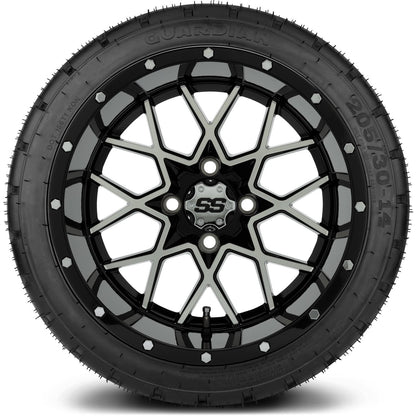 MODZ® 14" Vortex Machined Black Wheels & Street Tires Combo (MODZ Street Fox Radial 205/40-14)