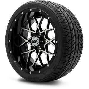 MODZ® 14" Vortex Machined Black Wheels & Street Tires Combo (Odyssey Tesseract Steel Belted Radial 215/35-14)
