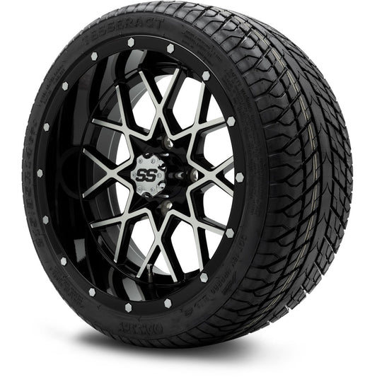 MODZ® 14" Vortex Machined Black Wheels & Street Tires Combo (Odyssey Tesseract Steel Belted Radial 215/35-14)
