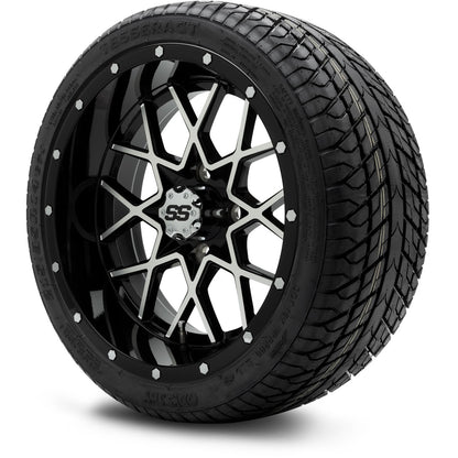 MODZ® 14" Vortex Machined Black Wheels & Street Tires Combo (Odyssey Tesseract Steel Belted Radial 215/50-14)