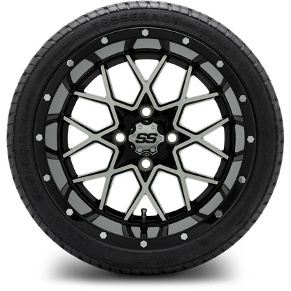 MODZ® 14" Vortex Machined Black Wheels & Street Tires Combo (Odyssey Tesseract Steel Belted Radial 215/35-14)