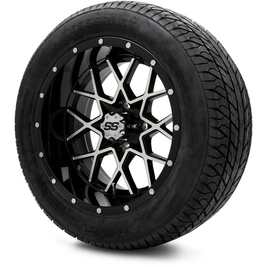 MODZ® 14" Vortex Machined Black Wheels & Street Tires Combo (Odyssey Tesseract Steel Belted Radial 215/50-14)