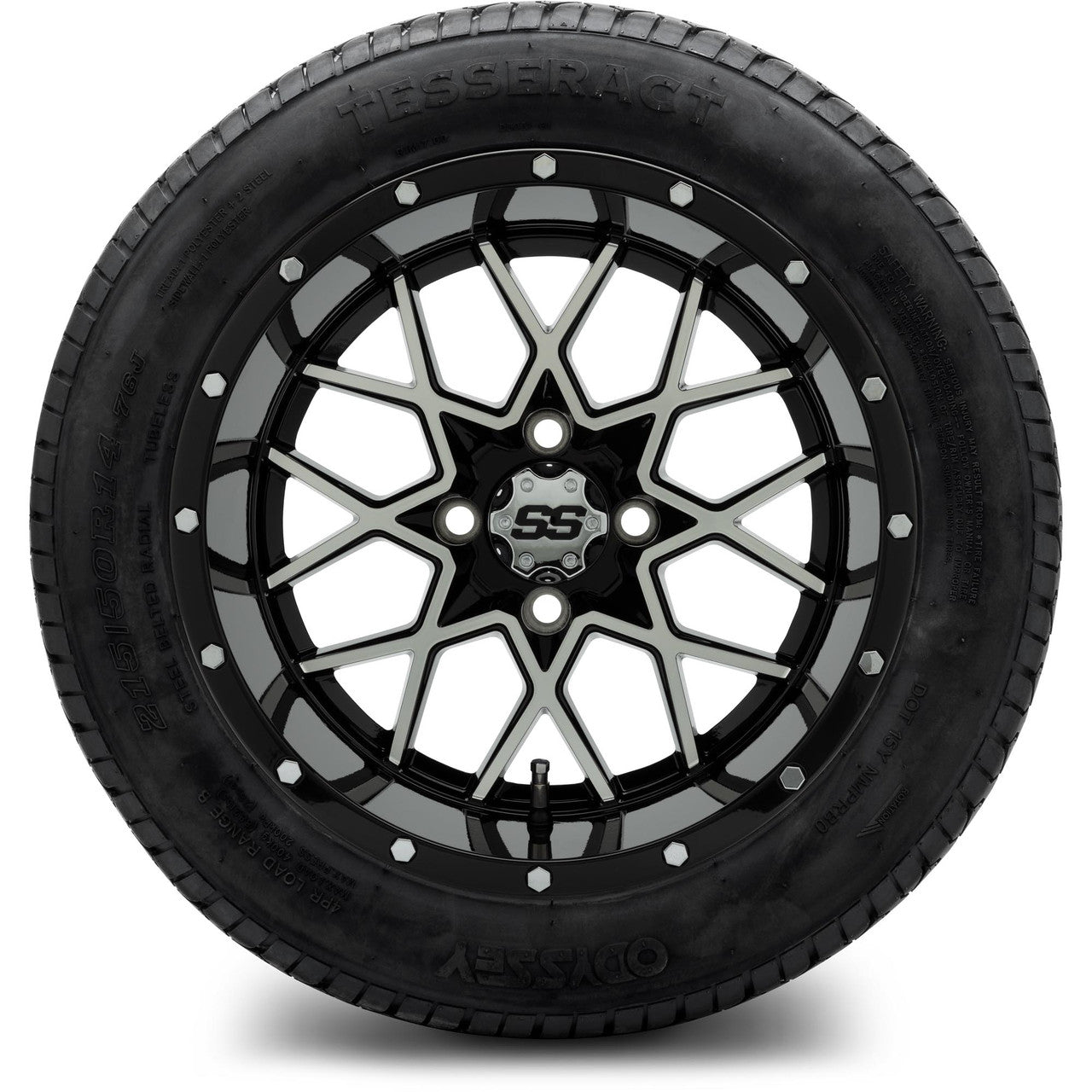 MODZ® 14" Vortex Machined Black Wheels & Street Tires Combo (Odyssey Tesseract Steel Belted Radial 215/50-14)