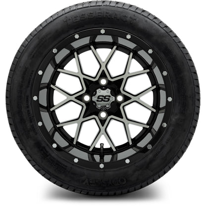 MODZ® 14" Vortex Machined Black Wheels & Street Tires Combo (Odyssey Tesseract Steel Belted Radial 215/35-14)