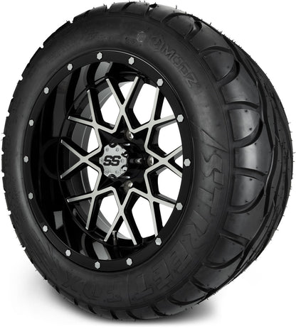 MODZ® 14" Vortex Machined Black Wheels & Street Tires Combo (MODZ Street Fox Radial 205/40-14)