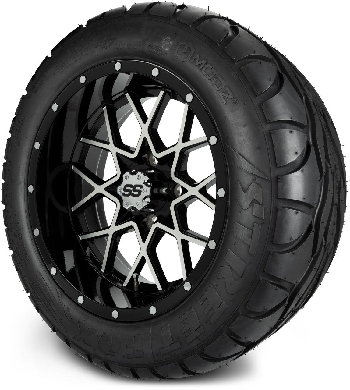 MODZ® 14" Vortex Machined Black Wheels & Street Tires Combo (Arisun Cruze 205/30-14)