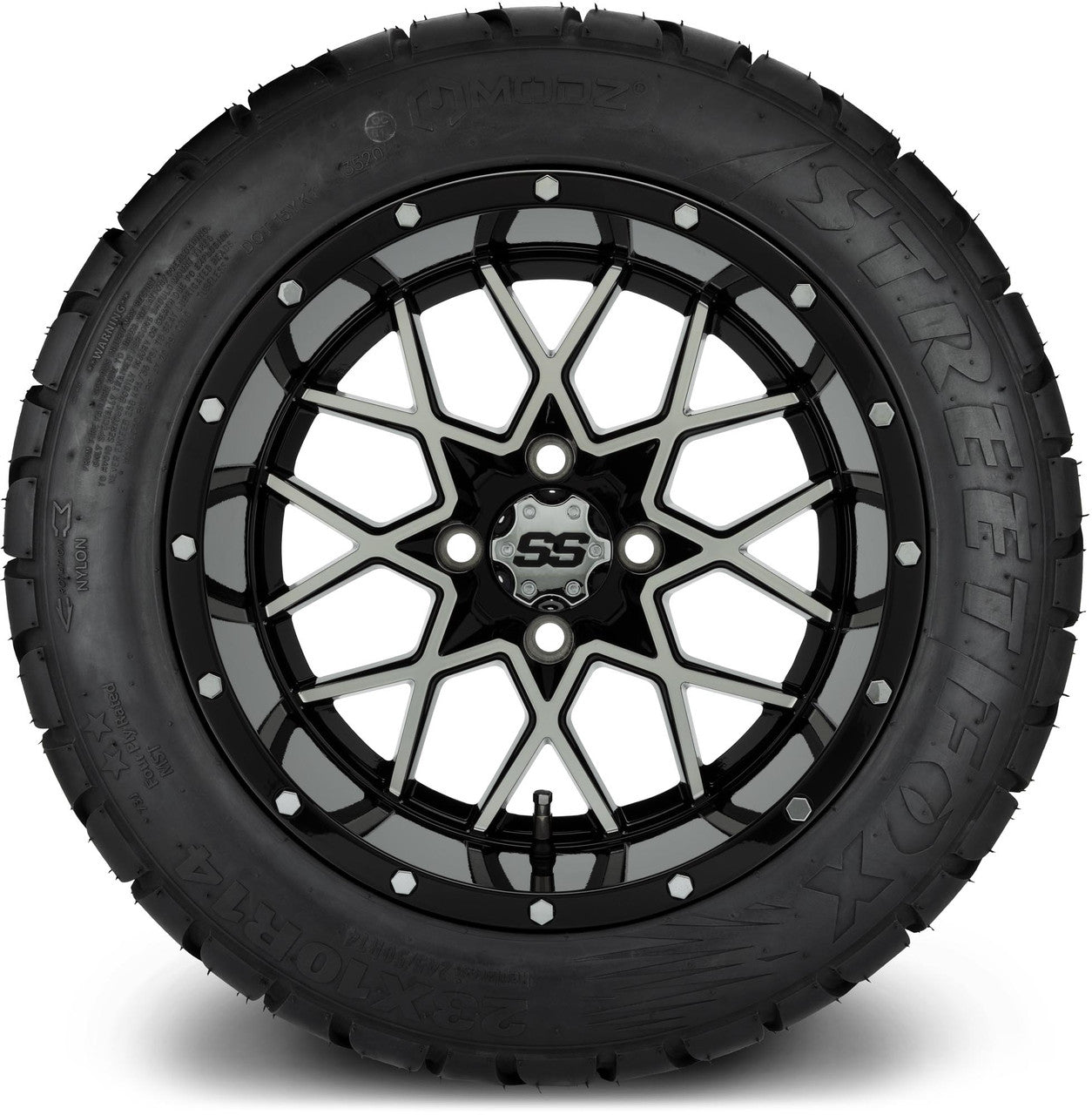 MODZ® 14" Vortex Machined Black Wheels & Street Tires Combo (MODZ Street Fox Radial 23x10-14)