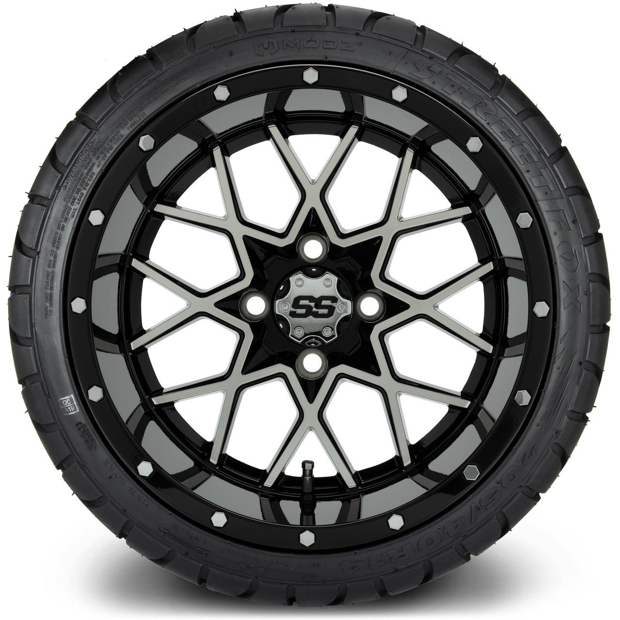 MODZ® 14" Vortex Machined Black Wheels & Street Tires Combo (Arisun Cruze 205/30-14)