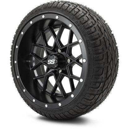 MODZ® 14" Vortex Matte Black Wheels & Street Tires Combo (Odyssey Tesseract Steel Belted Radial 215/35-14)