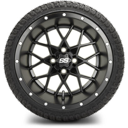 MODZ® 14" Vortex Matte Black Wheels & Street Tires Combo (Odyssey Tesseract Steel Belted Radial 215/50-14)