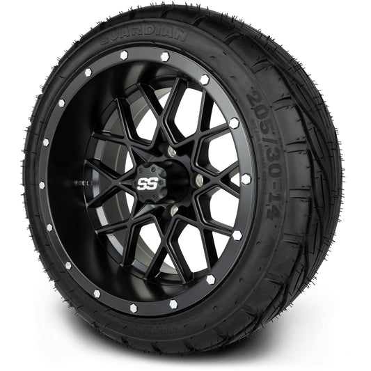 MODZ® 14" Vortex Matte Black Wheels & Street Tires Combo (MODZ Guardian 205/30-14)