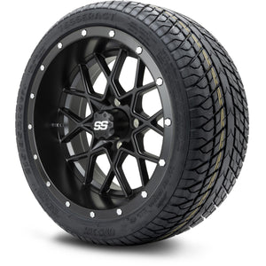 MODZ® 14" Vortex Matte Black Wheels & Street Tires Combo (Odyssey Tesseract Steel Belted Radial 215/35-14)