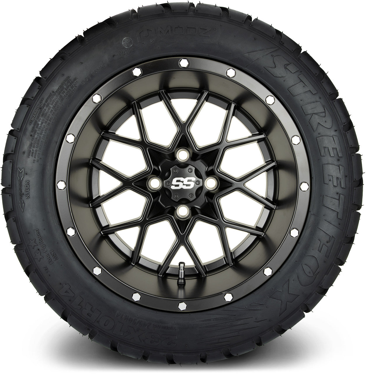 MODZ® 14" Vortex Matte Black Wheels & Street Tires Combo (Odyssey Tesseract Steel Belted Radial 215/35-14)