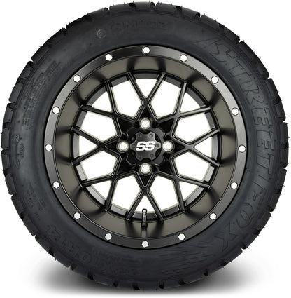 MODZ® 14" Vortex Matte Black Wheels & Street Tires Combo (Odyssey Tesseract Steel Belted Radial 215/50-14)