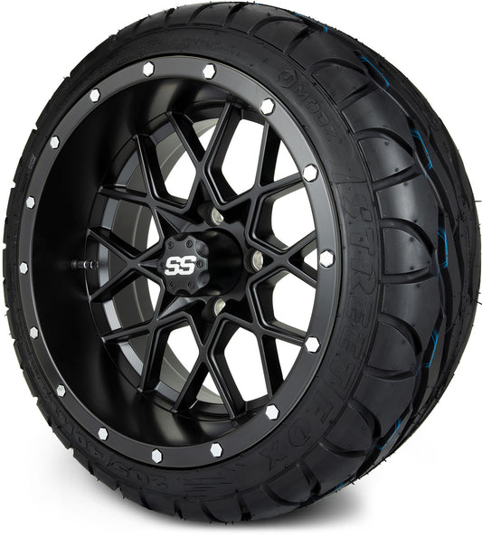 MODZ® 14" Vortex Matte Black Wheels & Street Tires Combo (MODZ Street Fox Radial 205/40-14)