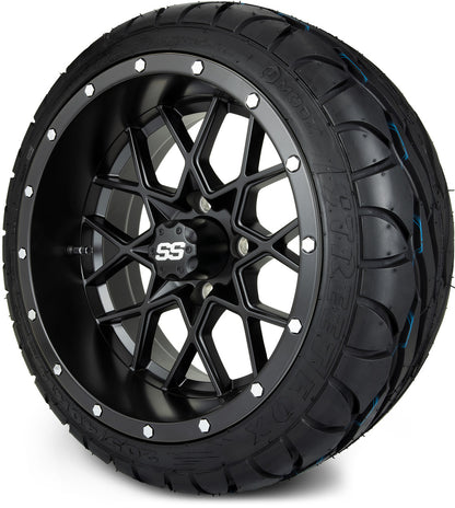 MODZ® 14" Vortex Matte Black Wheels & Street Tires Combo (Odyssey Tesseract Steel Belted Radial 215/50-14)