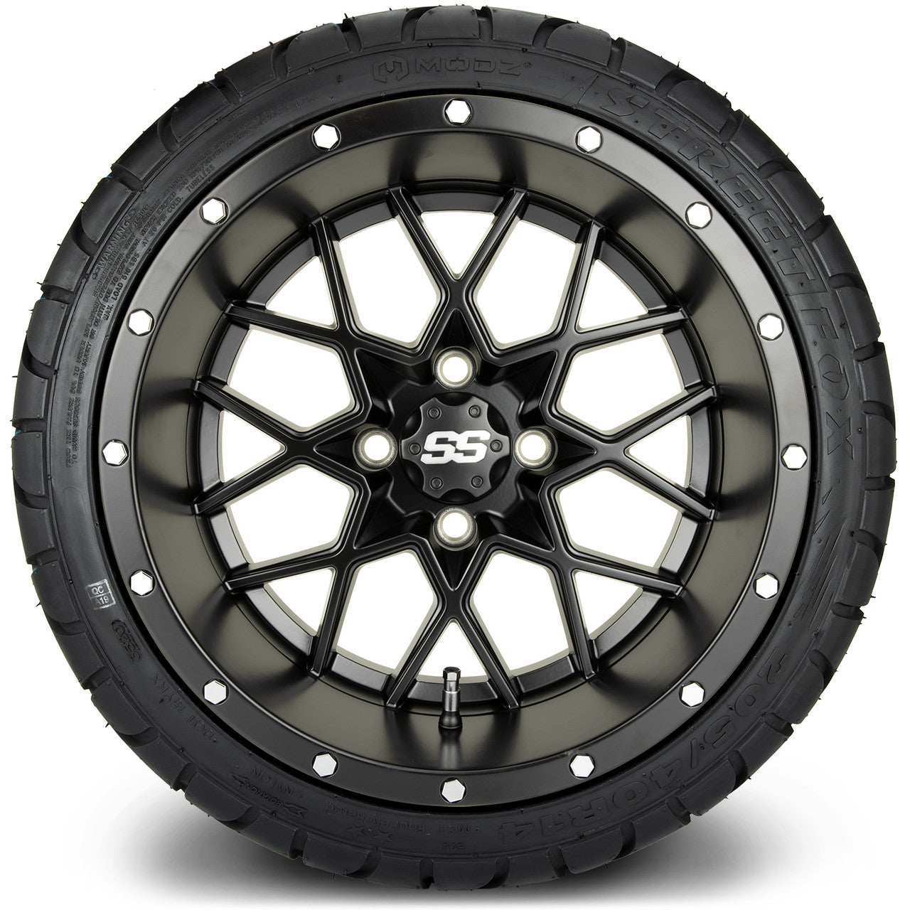 MODZ® 14" Vortex Matte Black Wheels & Street Tires Combo (Odyssey Tesseract Steel Belted Radial 215/35-14)