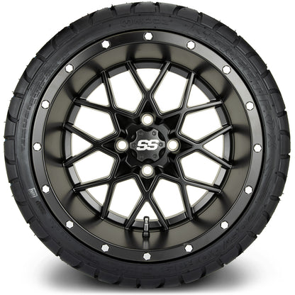 MODZ® 14" Vortex Matte Black Wheels & Street Tires Combo (Odyssey Tesseract Steel Belted Radial 215/50-14)