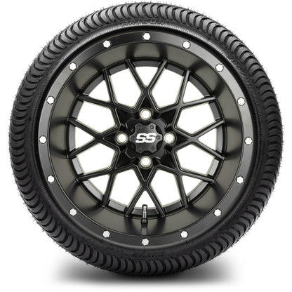 MODZ® 14" Vortex Matte Black Wheels & Street Tires Combo (Odyssey Tesseract Steel Belted Radial 215/50-14)